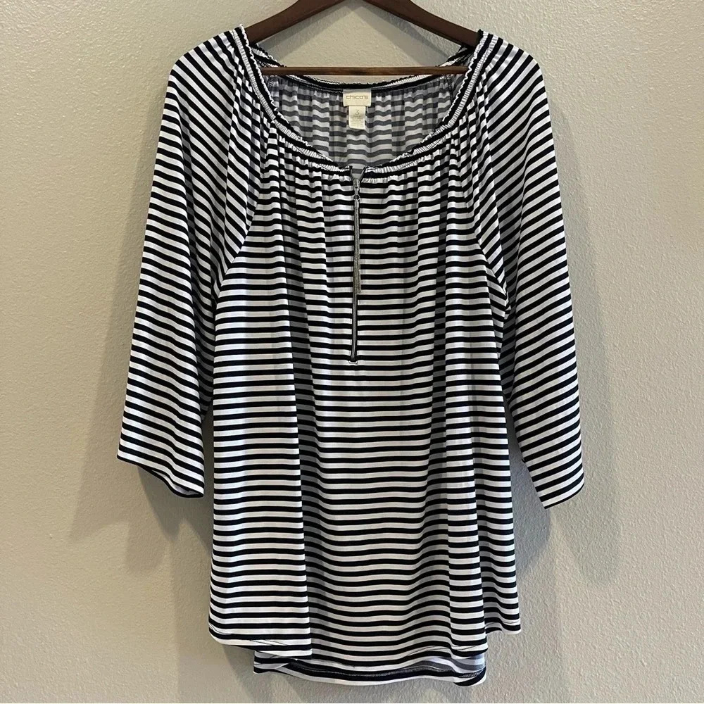 Chico’s Striped Off The Shoulder Half Zip Chain Top Navy /White Size X-Large‎